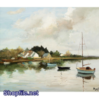 Tranh sơn dầu ngồi thuyền câu cá